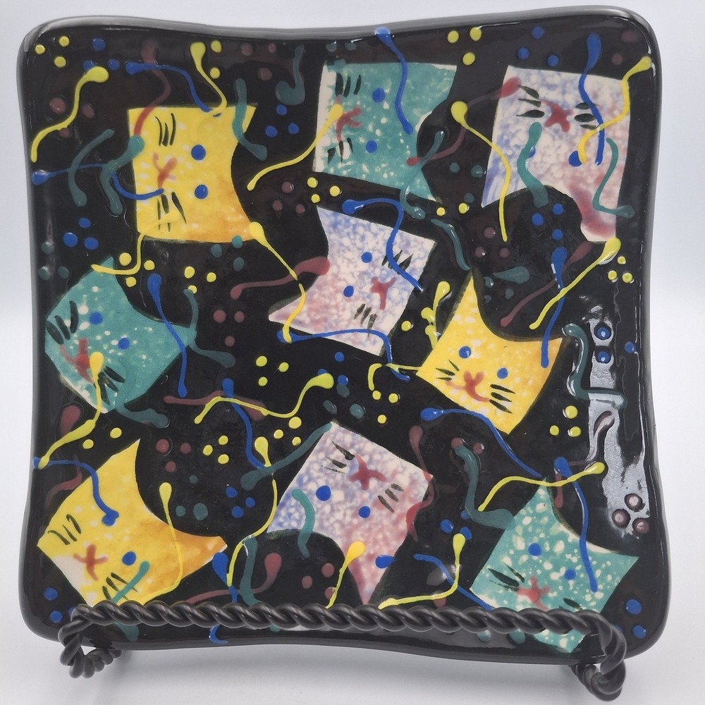 Ceramic Party Kitty Trinket Dish Whimsical Colorful‎ Throwing Serpentines Signed